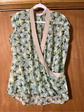 CAbi Butterfly Wrap Blouse in Light Blue, Green and Cream